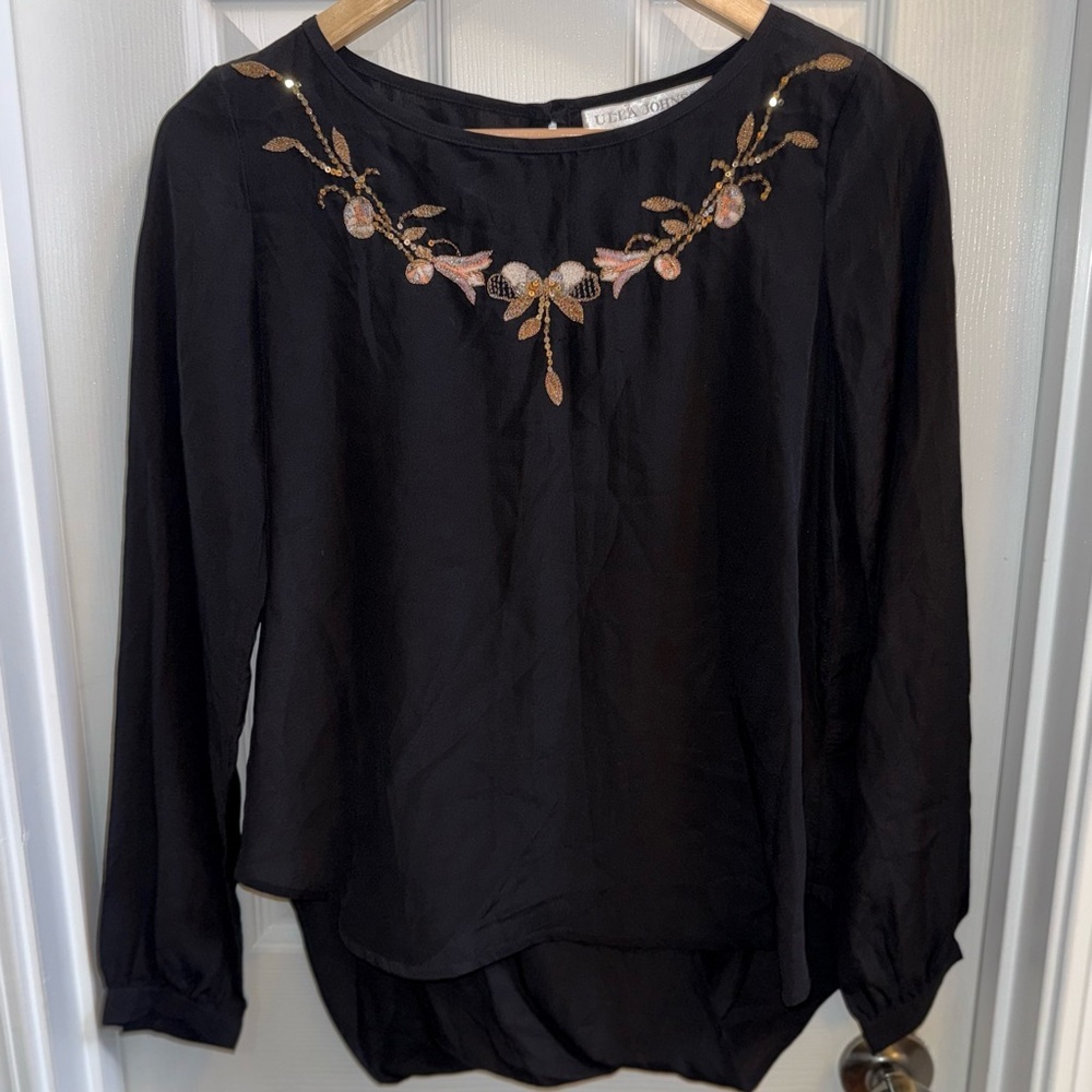 Ulla Johnson Floral Embroidered Blouse 100% Silk Womens 2 Whimsical Elegant Chic